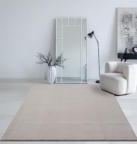 Mia´s Teppiche Taos – kuscheliger Kurzflor Teppich in Felloptik, super Soft & waschbar bis 30°C, mit Anti-Rutsch-Unterseite, Wohnzimmer & Schlafzimmer, Made in Türkiye, Sand, 120 x 160 cm
