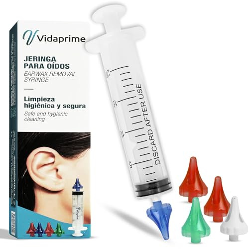 Vidaprime Jeringa Lavado Oídos PROFESIONAL Limpiador de Oídos Cera - Jeringa Oídos Tapones x5 Boquillas Quad-Stream CONFORT INCLUIDAS Jeringuilla Tapones de Oidos Ear Cleaning Kit - QUITAR CERA OÍDOS