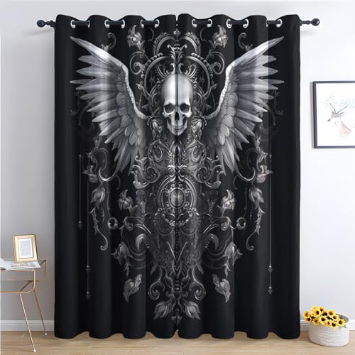 THYUNQ Vorhänge Gothic Totenkopf Motiv, Vorhang Blickdicht Verdunklungsvorhänge Thermovorhang mit Ösen, Gardinen Wohnzimmer Schlafzimmer Fenster, 2er Set Curtains, H 166 x B 75 cm