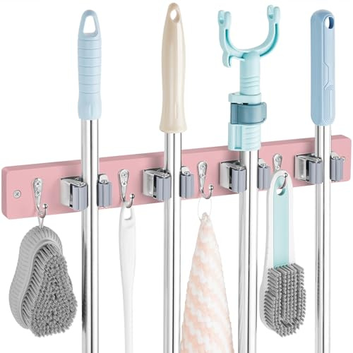 OUTNILI Pink Mop Broom Holder Wall Mount with 4 Slots & 4 Hooks - Wood Broom Mop Hanger for Pantry Closet Laundry Room Kitchen Organization - for Pink Kitchen Decor and Accessories