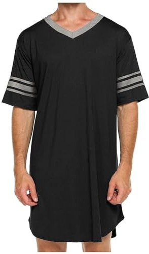 BiCophy Men's Summer Oversize Cozy Nightshirt Plus Size V Neck Short Sleeve Loose Fit Soft Comfy Pajama Tops Knee Length Nightdress Casual Home Nightgown Sleepwear Black