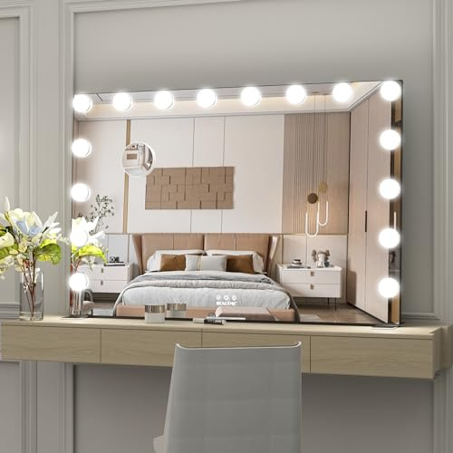WONSTART Grande Specchio con luci 91 x 61 cm, Specchio di hollywood con luce per trucco da tavolo o da parete, Led 3 modi ha portato luci di colore, Nero