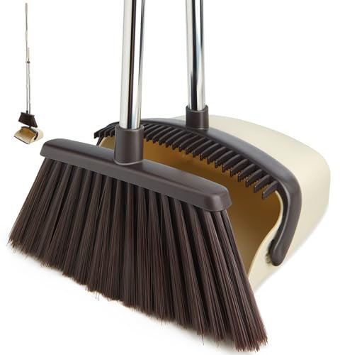 XXFLOWER Broom and Dustpan Set with Long Handle, Heavy Dust Broom and Dustpan Combo for Home，Kitchen, Office, Pet Hair(Beige)