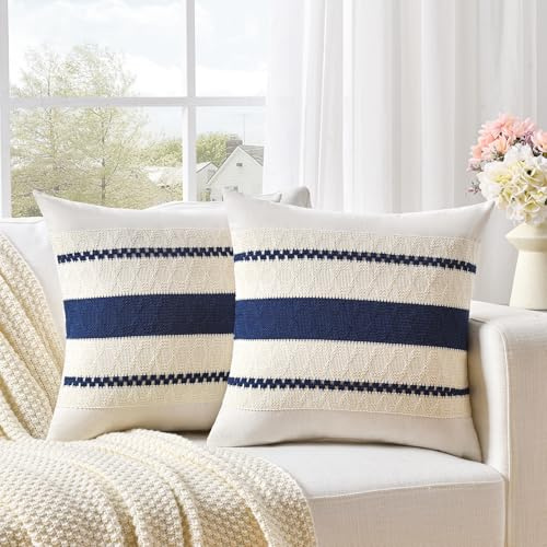 Fancy Homi Juego de 2 Fundas de Almohada Decorativas Azul Marino de 20 x 20 Pulgadas para sofá, Cama, Sala de Estar, Oficina, estética, Moderna, orgánica, decoración del hogar, Funda de cojín Tejida