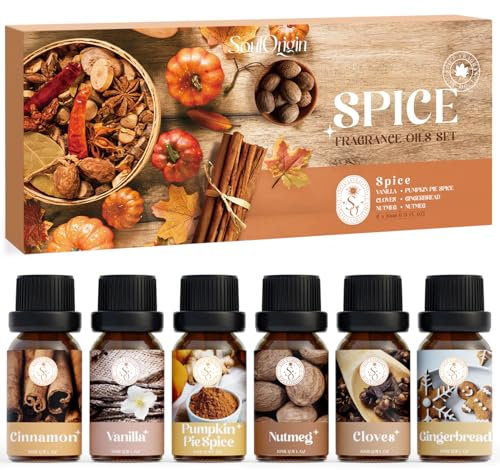 SoulOrigin Spices essential oils-s Herbst Gewürz ätherische Öle Set, Duftöl Set für Öl Diffuser, Duftöle für Seifenkerze und Zuhause 6x10ml Zimt, Muskat, Vanille, Lebkuchen