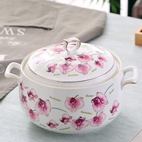 Orchid Porcelain Soup Tureen with Lid 3L Large Capacity Double Handle Serving Dish Microwave & Dishwasher Safe Elegant Gold Trim Ideal for Kitchen Serving and Entertaining