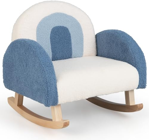 DREAMADE Kindersessel, Kindersofa aus Veloursstoff mit Rückenlehne, massiven Holzfüßen & Kippsicherung, Schaukelstuhl Kinder für Spielzimmer, Kinderzimmer & Wohnzimmer (Dunkelblau)