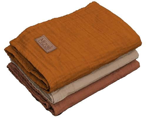 Mizali Premium Musselintuch Baby Spucktücher, 50x70 cm, 2-lagig, Baumwolle, 3er Set, Einfarbig (Braun, Karamell, Nerzfarben)