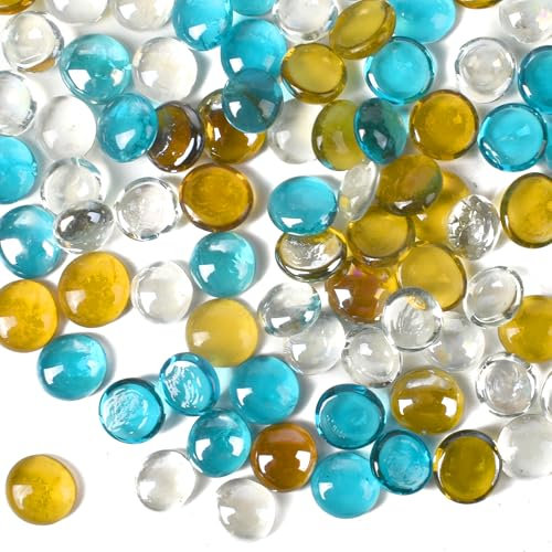 VIOCIWUO Flat Glass Marble 1LB, 100PCS Mixed Color Glass Gems Pebbles for Floral Arrangements Vases Flat Bottom Gems Aquarium Fish Tank Pebbles Vase Filler Decor(Transparent, Blue, Yellow)