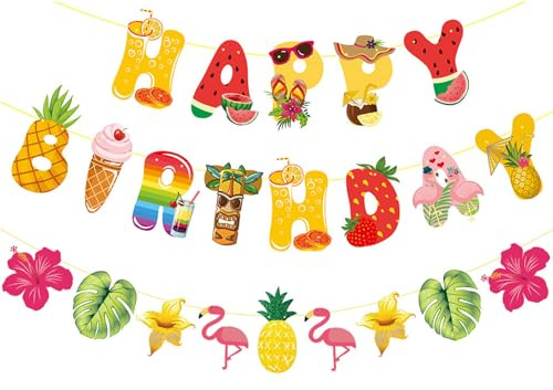 DIELOVEHUA 2 Stück Hawaii Banner, Hawaii Happy Birthday Banner, Bunt Flamingo Ananas Früchte Tropical Geburtstag Girlande, Sommer Party Deko, Garten Beach Sommer Karneval Geburtstag Party Deko