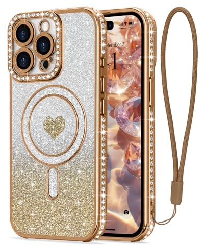 LAPOPNUT Magnetic Glitter Case for iPhone 15 Pro with Wrist Strap,Gold | Compatible with MagSafe, Sparkly Phone Cover for Girls Women, Sparkle Rhinestone Rasied Camera Protection,Bling Glittery Cute