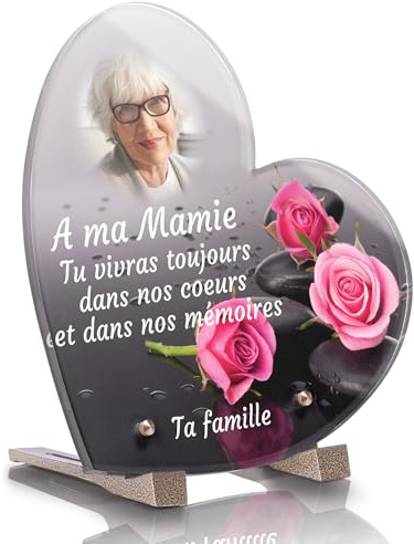 Plaque Funéraire Coeur Personnalisée - Avec photo - Roses Galets - Textes personnalisables, plusieurs lignes - Résistante aux Intempéries et Traitée Anti UV (21x21 cm (moyen))