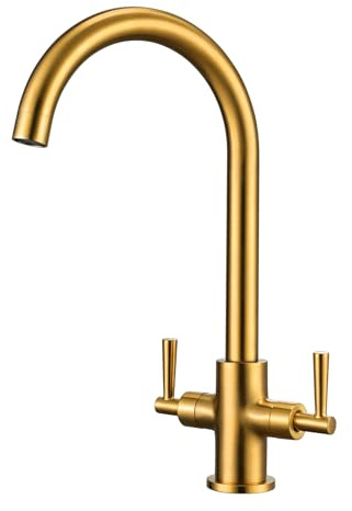 Peppermint Brushed Gold Kitchen Tap Dual Lever Rustic Traditional Vintage | 360° Swivel Spout for Double Sinks, Anti-corrosion Brass for Durable Use, Monobloc Kitchen Sink Taps Mixer, Easy DIY Install