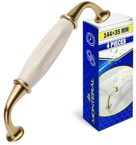 MONTERAL 4 Stück Schrankgriffe Vintage 144x35 mm Abstand Zwischen Befestigungslöchern 128 mm - Küchengriffe Landhausstil Besteht aus Zink-Aluminium Legierung und Porzellan - Garantie 10 Jahre