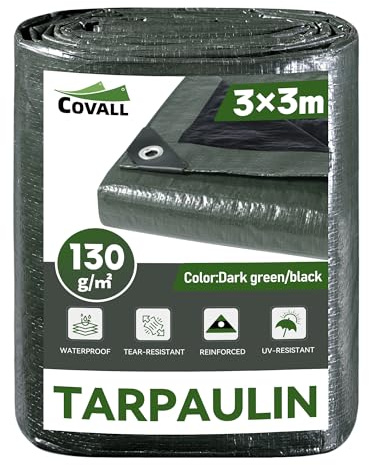 Covall bâche Moyenne Camping Sol Tapis 3x3m 130g/m² (Vert Armée/Noir) Tente Résistante aux UV Couverture Extérieure Piscine Toit Bac à Sable Bateau RV Voiture Housse de Protection
