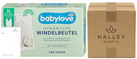 Halley Bedding Bundle: Babylove Windelbeutel 100 Stk inkl Notizblock | 100 hygienische Beutel (3 Liter) mit Frischeduft.Mit praktischen Henkeln. Ideal für gebrauchte Windeln – zu Hause & unterwegs