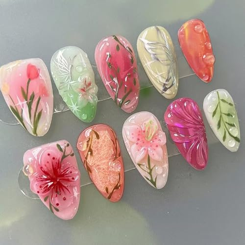 24 stycken press-on-naglar, mandelformade, 3D-blommor, fingernaglar att klistra på, handgjorda konstgjorda naglar, akryl, full täckning, lösnaglar med nagellim, franska lösnaglar för kvinnor