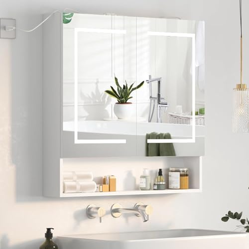 Mepplzian Spiegelschrank Bad 80cm Mit Beleuchtung, Mit Antibeschlag | LED Wandschrank Mit Spiegel für Badezimmer Doppeltür, 80 x 76 x 13 cm, Dimmbar, Berührung Sensorschalter, Weiß