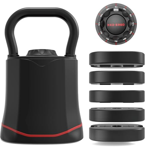 HXD-ERGO Adjustable Kettlebell for Home Gym, Quick Weight Adjust | Ergonomic wide grip, cast iron build, 6 weight levels, 3-18 kg, for beginners and fitness users