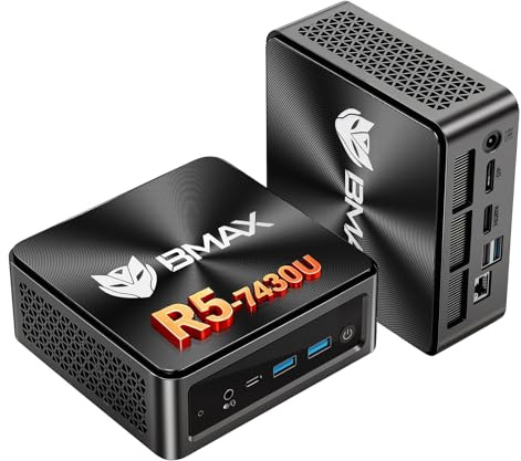 BMAX Mini PC, AMD Ryzen 5 7430U (hasta 4,3 GHz), Mini Ordenador de Sobremesa Mini PC Gaming 16GB DDR4 512GB SSD NVMe, Win 11 Pro/Triple Pantalla 4K@60Hz/BT 5.2/WiFi 6,Ordenador Pequeño
