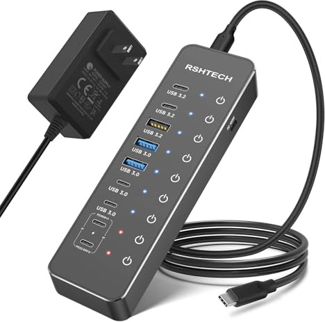 RSHTECH 10-Port Powered USB C Hub 66W with 3 x 10Gbps USB-3.2 Data Ports (2C + 1A), 4 USB 3.0 Ports (2C + 2A), 2 USB-C PD 45W Charging Ports and PD 100W, USB Expander Splitter for Laptop