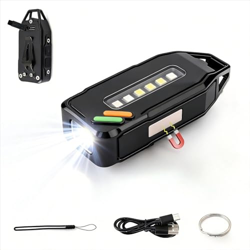 PRETTI Mini linterna de 700 lúmenes, recargable por USB C, pequeña EDC LED, superbrillante, impermeable, linterna de bolsillo con 9 modos, base magnética de clip y llavero de luz COB para camping