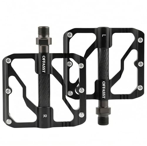 OFFASST MTB-pedaler ultralätta 304 g, 3-lager CNC aluminium cykelpedaler med Cr-Mo-axel och koloptik – 9/16 tum för vägcykel/mountainbike, breda plattform, 6 halkfria stift