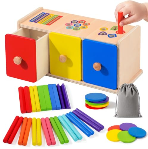 WEVOL Jeux Montessori 1 2 3 Ans, 3 en 1 Jouet Enfant Bébé 1 2 3 Ans Jeu Educatif en Bois Tiroir Apprendre Les Couleurs Forme, Jouet Montessori Cadeau Fille Garçon 12 3 Ans Anniversaire Pâques Noël