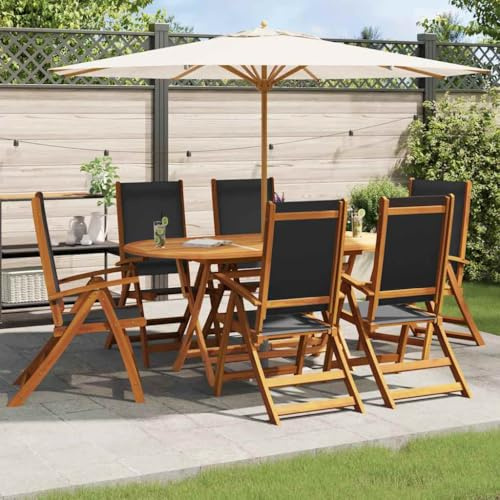 KKHOMEI Gartenmöbel Set 6 Stühle mit Tisch Holz Sitzgruppe Garten Essgruppe 6 Verstellbar und klappbar Hochlehner Gartenstuhl Akazie Schwarz-10
