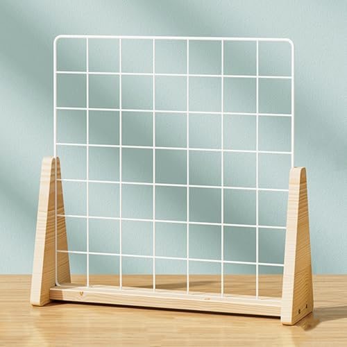 FINGERINSPIRE Rejilla de pared decorativa para exhibición de fotos, 373 x 117 x 363 mm, soporte de rejilla de alambre blanco con base de madera y 10 clips para oficina, escritorio, hogar, decoración