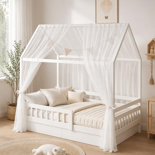 Kinderbett Baldachin Rosa mit 3 m Baumwoll-Wimpelgirlande, Hausbett Deko | 2 Tüll Vorhängen, Betthimmel für Montessori Bett, Kinderzimmer Dekoration für Mädchen und Jungen 150 x 350 cm