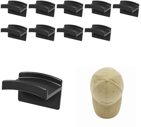 10Pcs Hat Rack,Adhesive Hat Organiser Hooks for Wall Mounted Cap Storage | Stand Accessories Baseball Cap Hook Hanger Display Replacement No Drilling Racks Kit for Cloakroom Bedroom Office,Black