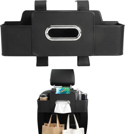 Organizzatore sedile posteriore - Portabicchieri auto con portaoggetti | Portaoggetti auto in similpelle e ABS con portabevande per auto, vano telefono e 2 ganci per poggiatesta