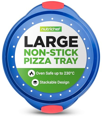 Nutrichef Non-Stick Pizza Tray for Oven, 33cm Round Carbon Steel Baking Trays with Perforated Holes, Silicone Handles, Dishwasher Safe, Pizza Stone Alternative, Blue