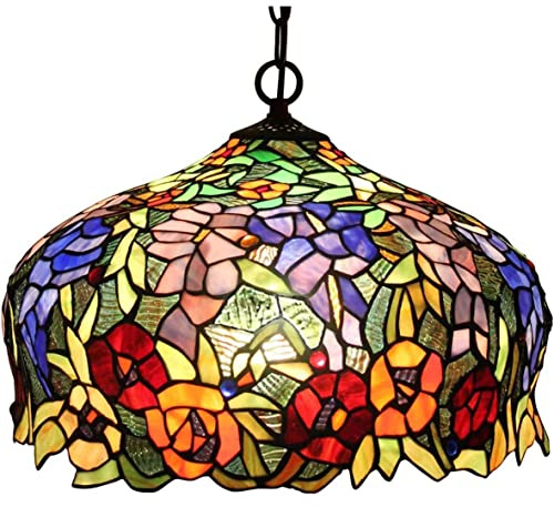 Bieye L30557 Deckenleuchte aus Buntglas im Tiffany-Stil mit Glyzinien und Rosenblüten und 16 Zoll breitem Lampenschirm