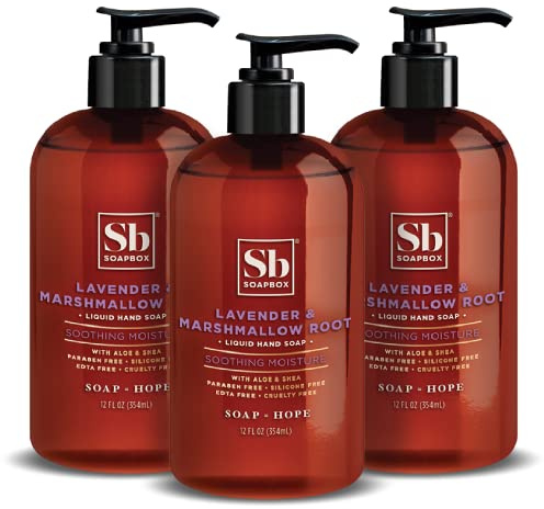 Soapbox Liquid Hand Soap, Lavender & Marshmallow Root - Gentle, Moisturizing Hand Cleanser, Vegan & Cruelty Free Hand Wash for Kitchen and Bathroom, 12oz Pump Bottles (Pack of 3)