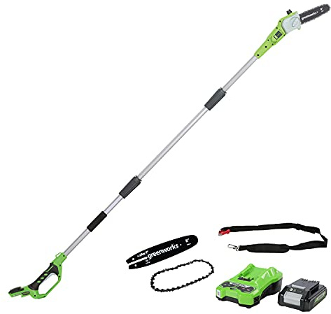 Greenworks Tools G24PS20K2 Cordless Pole Saw with 2 Ah Battery and Charger, 24 V, Green, 20 cm+Saw chain for Chainsaw -29507, black+ Chainsaw Guide Rail - 29497, black, 7 x 39 x 2 cm