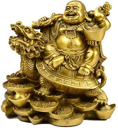 Siunwdiy Buddha Statue Maitreya Figur mit Geldsack Feng Shui Lachender Buddha auf Drachenschildkröte für Reichtum Und Viel Glück Tischdekoration Mittelstücke,Messing,12 * 12 * 9cm