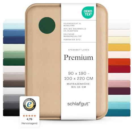 schlafgut Premium Spannbettlaken 90x200 cm Bio-Baumwolle, Green Deep | Bettlaken, Spannbetttuch 100x200, 90x190 bis 100x220 cm, Grün, Mako Zwirn-Jersey 220 g/m², bis 35 cm Steg, blickdicht
