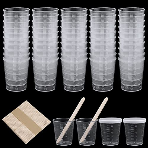 Kleine Messbecher,30 ml Kunststoff Messbecher 50 Stk Messbecher Klein Kunststoff Mischbecher Kunststoff-Messbecher mit Holzstäbchen und Deckel für Mischen Harz, Stain, Epoxy und Farbe