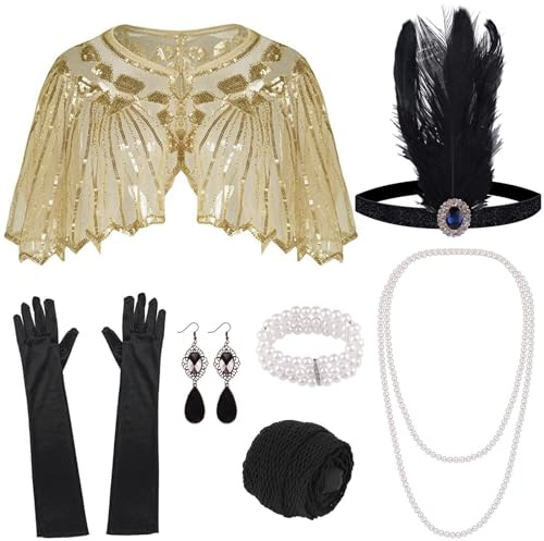 ELECLAND 10-teiliges 1920er Flapper Great Gatsby Accessoires-Set Fashion Roaring 20's Theme Set mit Stirnband, Kopfbedeckung, langen schwarzen Handschuhen, Halskette