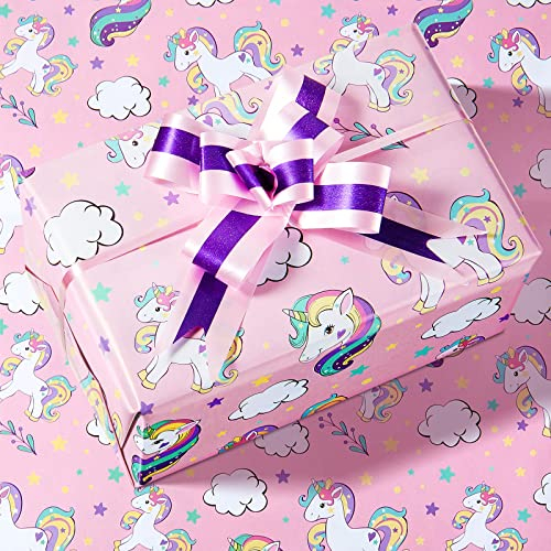 Nezyo 6 Blatt Einhorn Geschenkpapier Kinder Mädchen 70 x 50 cm Geburtstag Geschenkpapierrolle Rosa Einhorn Geschenkpapierrollen Glitzer Geschenk papier mit 6 Geschenkschleife für Geschenkverpackung