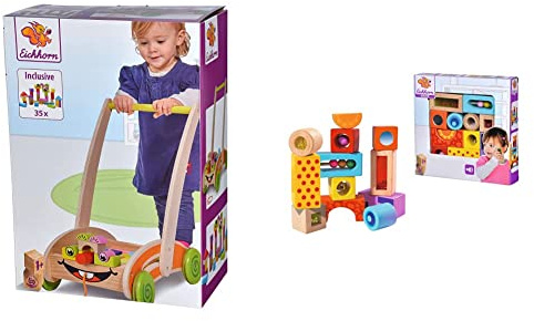 Eichhorn 100001833 - Eichhorn, Spiel- und Lauflernwagen - teilmontiert - 39 x 25 x 44 cm & Klangbausteine – 12 bunte Holzbausteine die Geräusche machen, für Kinder und Babys ab 12 Monaten