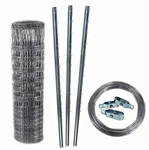 Aquagart Z-Profil Zaunpfosten Wildzaun Komplettset I 50m Knotengeflecht Zaun mit Zaunpfählen Spanndraht & Drahtspannern (50m Zaun 160/15/15 + 15 Z-Pfosten 2m+ 250m Spanndraht & 10 Spanner)