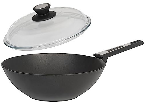 SKK große 2-tlg. Aluguss Wokpfanne Ø 30 cm - Wok mit glattem Boden & Antihaft-Beschichtung - Stielwok mit Vollglas-Deckel - Made in Germany