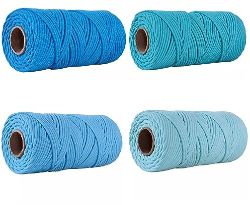 WABMJGW Makrameeschnur 4 mm Natürliches Baumwollseil, 4 Rollen, Länge pro Rolle, Makramee Garn 328 Fuß/100 m, weiche Baumwollschnur für Makramee-Wandbehang, Stricken, Heimwerken,Blue A-4mm