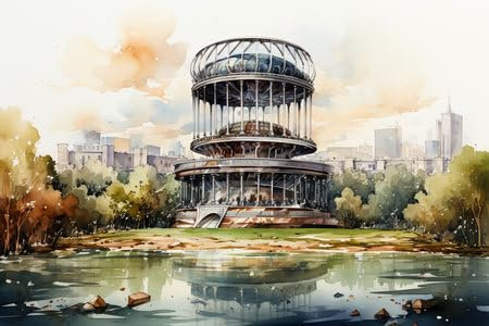adrium Holz-Bild 90 x 60 cm: Aquarellillustration eines Stadtparks mit einem großen runden Gebäude. (213219377)