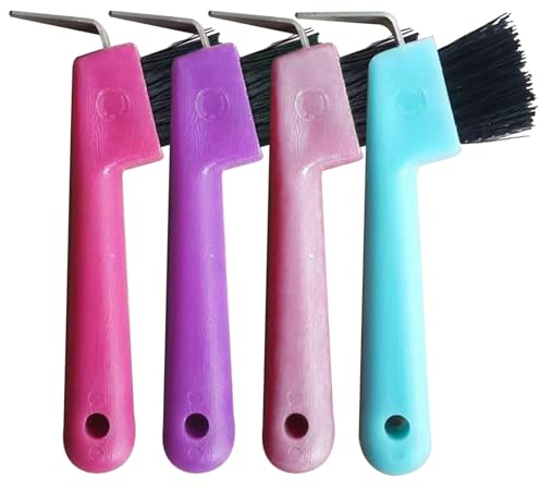 Blogiiup Hufkratzer, 4 Stück, Pferdebürste, Pferdebürsten für die Pflege von Pferdehufkratzern, Bürste mit Soft-Touch-Gummigriff, tragbarer Hufpick, zufällige Farben