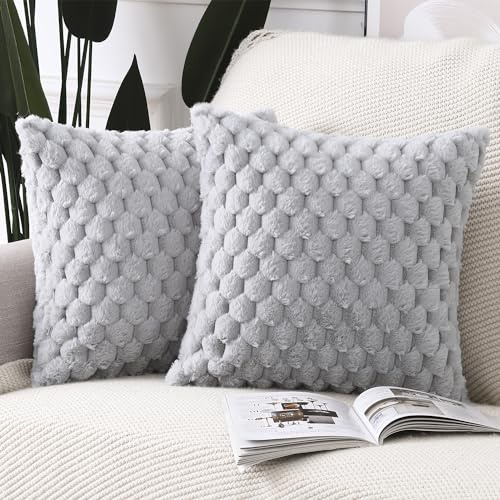 Madizz 2er Set Kunstpelz Plüsch Dekorative Kissenbezüge Weich Dekorative Kissenbezug für Sofa Schlafzimmer Kissen Shell Hellgrau 45 x 45 cm