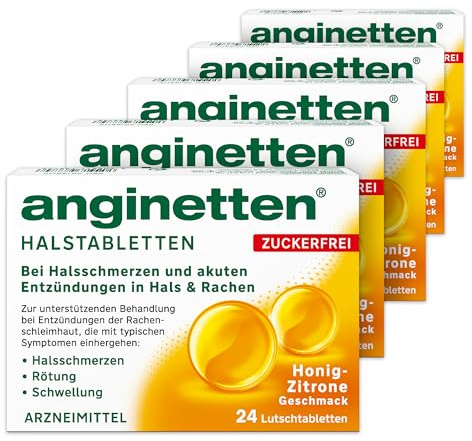 anginetten Halstabletten zuckerfrei | Honig-Zitrone | 5 x 24 St | Zur unterstützenden Behandlung bei Entzündungen der Rachenschleimhaut, desinfiziert Mund & Rachen, ab 6 Jahren